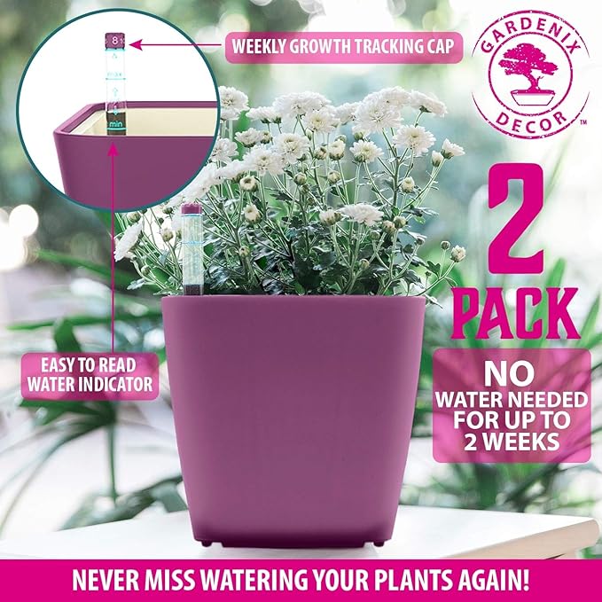 GARDENIX DECOR 5" Self Watering pots for Indoor Plants - Flower Pot with Water Level Indicator for Plants, Grow Tracking Tool - Self Watering Planter Plant Pot – 2 Pack Purple