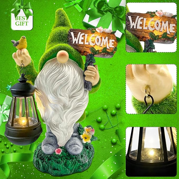 Lovinland Garden Gnome Statue Outdoor Decor Large Flocked Resin Gnome Figurine with Solar Light Holding Lantern Welcome Sign Garden Yard Decorations Dwarf Sculpture for Outside Patio Porch Lawn Decor