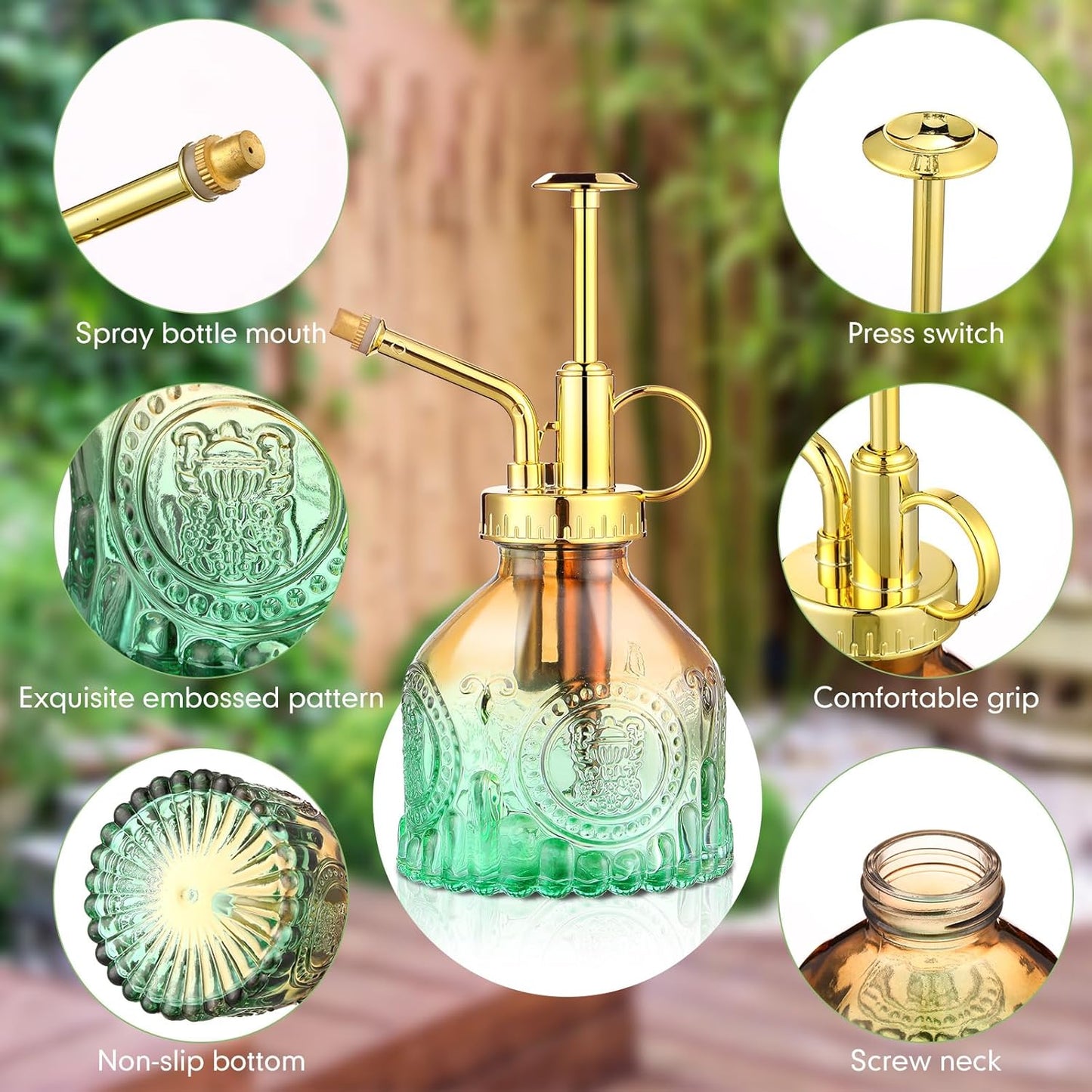 8 Pcs Glass Plant Mister Spray Bottle 200ml Vintage Plant Spritzer Multicolor Succulent Watering Bottle Watering Can 6.4'' with Plastic Top Pumps for Indoor Outdoor Succulents Garden Plants (Gold)