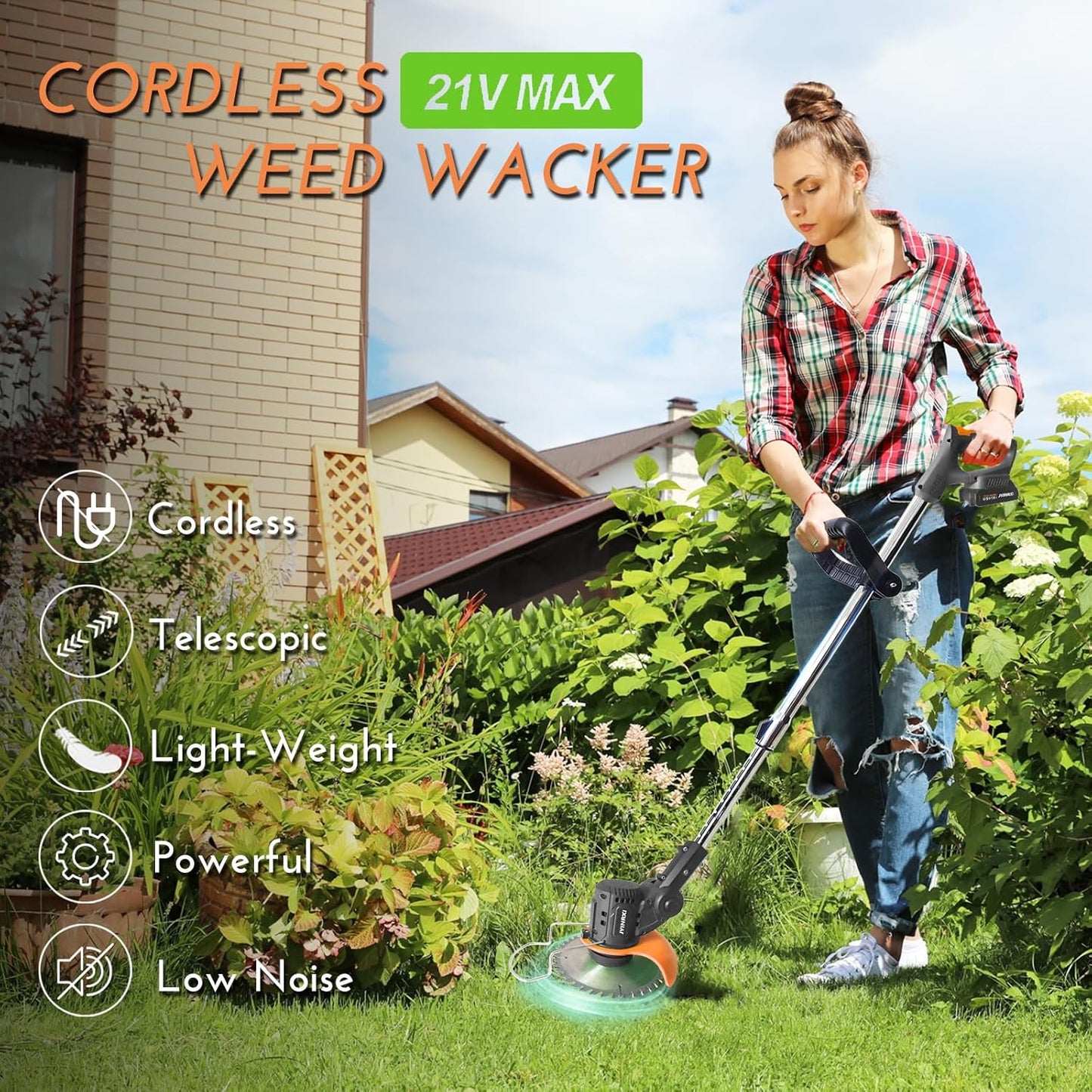 Electric Weed Wacker Cordless,21V Weed Cordless Eater Battery Powered with 2 * 2.0Ah Battery and 5 Types Blade, 3-in-1 Stringless Grass Trimmer/Edger/Brush Cutter for Lawn Garden Yard