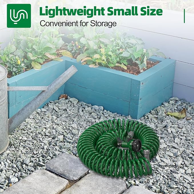 3/8" Lightweight Coil Garden Hose 75FT, EVA Flexible Curly Water Pipes with 6-Pattern Spray Nozzle for Boat, Greenhouse, Yard, Patio, Green