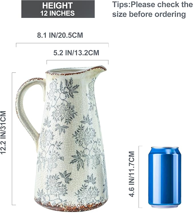Enra Blue and White vase with Handle,12.2 inch Ceramic Vintage Decorative Flower Pitcher vase, Chinoiserie Floral Vase,Large Rustic Vases for Home Decors, Living Room, Bookshelf, Office