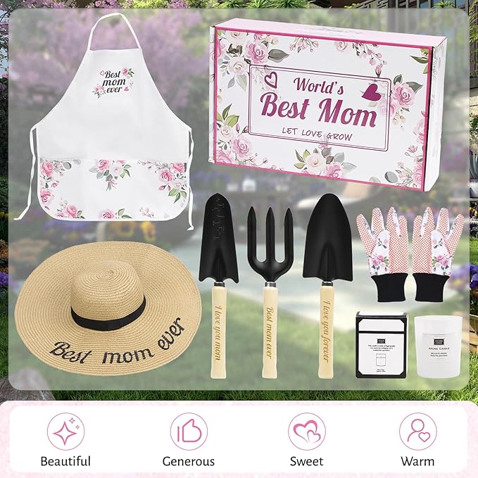 Gifts for Mom,7 Piece Womens Gardening Kit with Pink Gardening Tools,Straw Hat, Floral Gardening Apron and Gloves,Mothers Day Gardening Gifts for Mom Pink