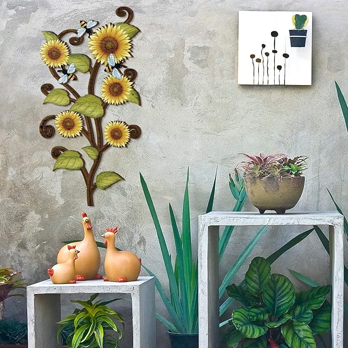 Ferraycle Wooden Sunflower Wall Decor Hanging Sunflower Outdoor Decor Rustic Flower Wall Art Yellow Large Farmhouse Wooden Signs for Indoor Bathroom Porch Patio Bedroom Accessories(with Bees,Wooden)