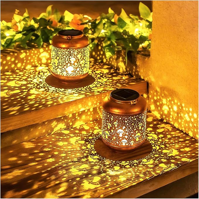 2 Pack Mushroom Solar Lanterns Outdoor Waterproof Hanging Solar Lights Mushroom Gifts for Women Men Mom Metal Decorative LED Outdoor Lanterns for Patio,Lawn, Landscape, Garden Decor, Yard Decoration