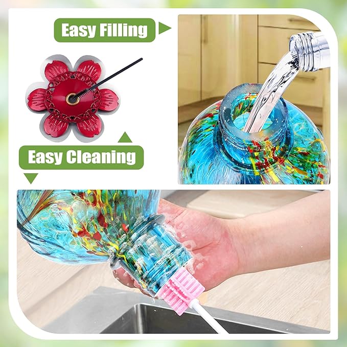 BOLITE Hummingbird Feeder, Hand Blown Glass Hummingbird Feeders for Outdoors Hanging, with Ant Moat and 5 Feeding Ports, 22 Ounces, Peony Flower Shape, Blue, Gifts for Women Men, Gifts for Mom Dad