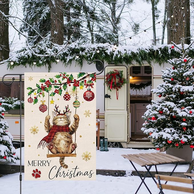 Heyfibro Merry Christmas Cute Cat Swing Garden Flag 12x18 Inch Double Sided Burlap, Retro Christmas Ball Snowflake Yard Banner for Winter Holiday Xmas Seasonal Outdoor Decoration(ONLY FLAG)