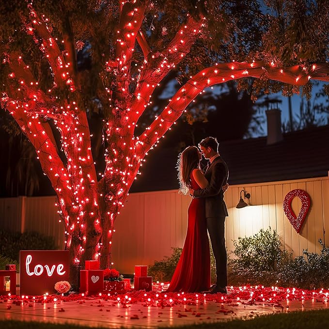 JMEXSUSS 2 Pack Red Solar Lights, Each 100 LED 33ft Valentine Solar Lights Outdoor, 8 Modes Christmas String Lights for Outside Valentine Day Tree Yard Decor