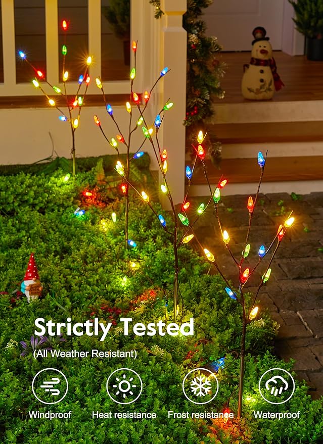Brightown Christmas Pathway Lights Outdoor, 4 Packs Lighted Branch Lights Plug in, C6 Driveway Christmas Lights, Outdoor Christmas Stems Outdoor Decorations Yard, Multicolor