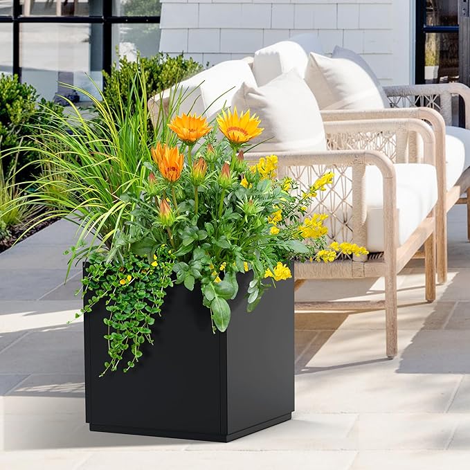 FENCY Large Square Planter 17" L x 17" W x 18" H, Planters for Outdoor Plants, Large Outdoor Planters for Porch Patio, Black Square Planter with Drainage Hole, All-Weather Use Cube Planter