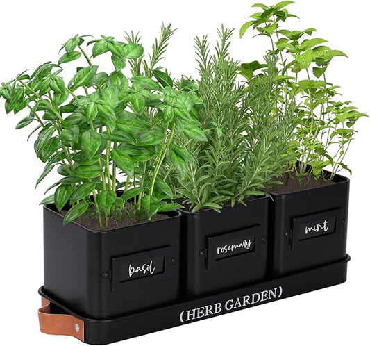 PERFNIQUE Indoor Herb Garden, Herb Garden Planter Set with Tray, Farmhouse Indoor Plant Pots, Windowsill Herb Garden with Drainage(Planter only) for Indoor/Outdoor, Window Pots(Matte Black)