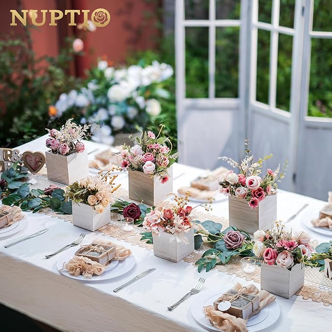 NUPTIO Wooden Box for Centerpiece Wedding: 12 Pcs Rustic Square Planter Box Farmhouse Table Fall Decor - 4×4" & 5×5" Whitewashed Small Wood Vases Flower Pots for Windowsill Home Garden