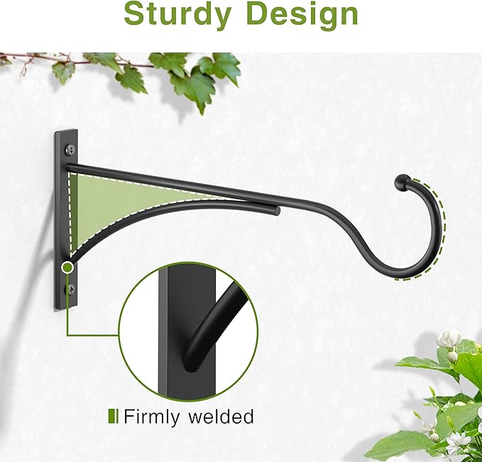 Outdoor Plant Hanging Hooks for Wall: 11 Inch Black Metal Bracket for Hanging Baskets, Bird Feeders, Wind Chimes, Flower Baskets, Yoga Mat, Lanterns. 2 Pack