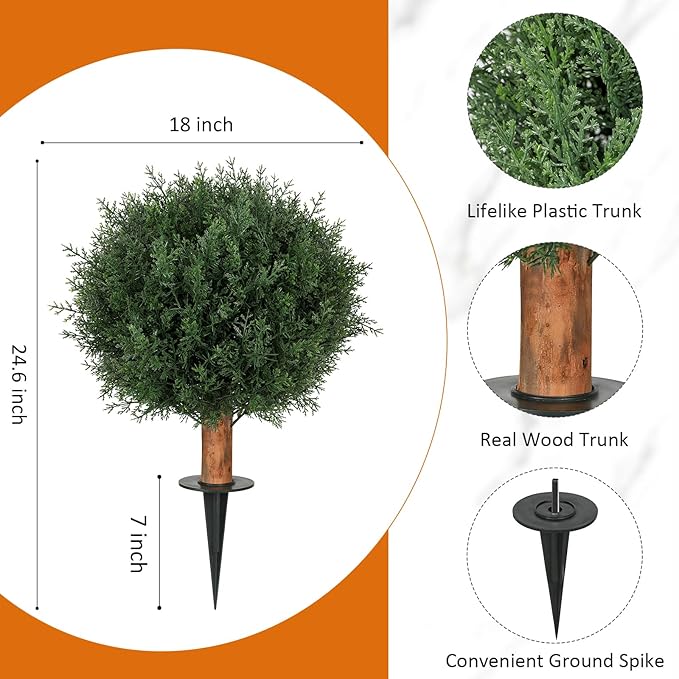 Artificial Cedar Topiary Ball Trees with Ground Spike, 24.6 inche Tall UV-Resistant Fake Outdoor Plants Evergreen Shrubs, Realistic Faux Pine Bushes for Front Porch Home Patio Garden, Set of 4