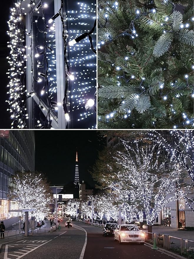 EEW 2-Pack 200 LED Solar String Lights for Outside, Solar Christmas Lights with 8 Lighting Modes, Waterproof Green Wire Solar String Lights Outdoor for Tree Xmas Party Garden Decorations (Cool White)