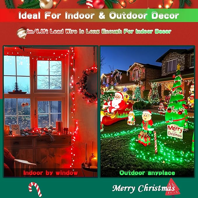 JMEXSUSS Red and Green Solar Christmas Lights Outdoor Waterproof, 2 Pack 100 Led 33ft Color Changing Christmas Lights, 8 Modes Solar String Lights for Christmas Tree Decor