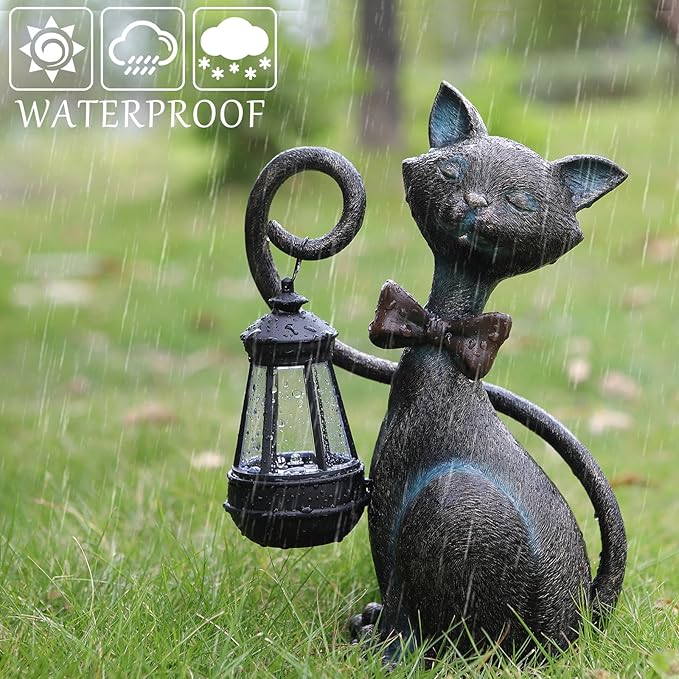 Whimsical Solar Cat Statue with Solar Lantern - Unique Outdoor Garden Decor for Patio, Balcony, and Yard Lights - Ideal Valentines Day Birthday Gifts for Mom, Grandma, Women, Men, and Cat Lovers