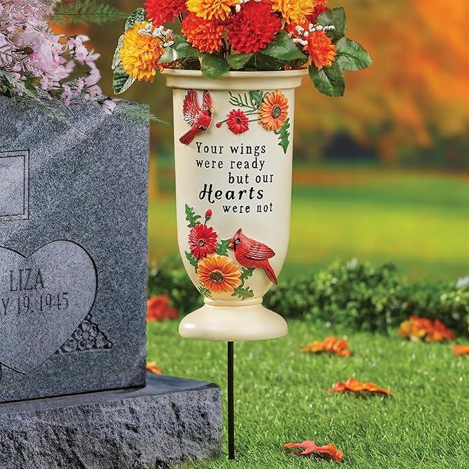 BAYN Grave Decorations for Cemetery, Cardinal Vases with Spikes for Garden Decorations Waterproof Garden Statues Memorial Gifts for Loss of Loved One