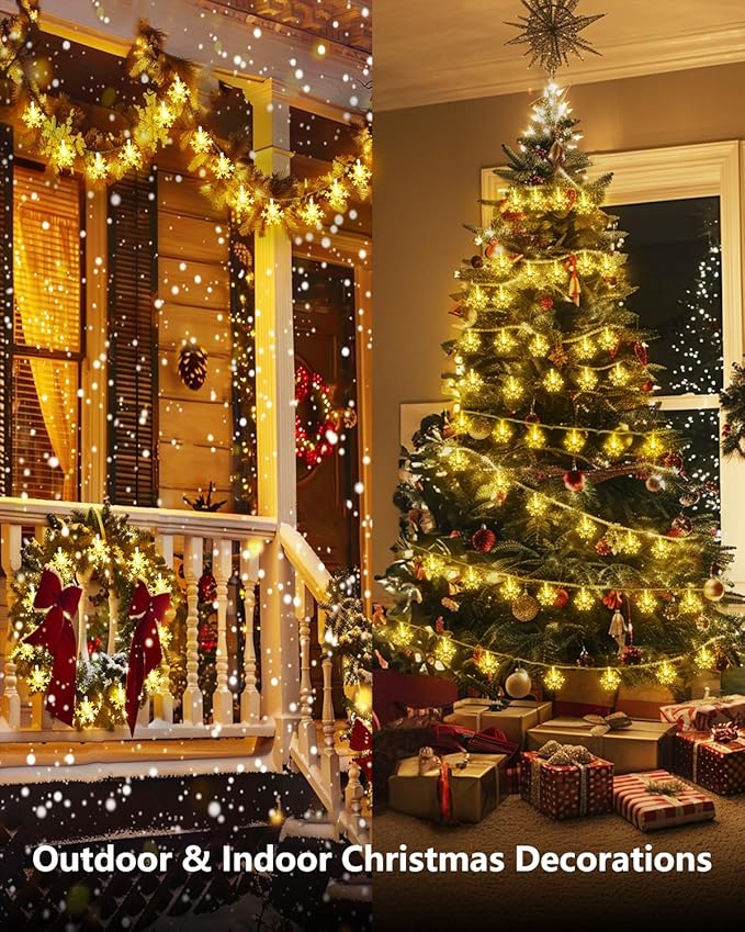 Brightown Solar Christmas Snowflake String Lights 50 LED 31 FT Outdoor Waterproof Snowflake Fairy Lights with 8 Lighting Modes for Christmas Party, Tree, Room, Garden, Patio, Yard, Home, Warm White