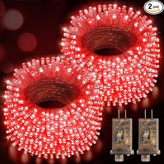 Hezbjiti 2 Pack 1000 LED 403 FT Christmas String Lights Outdoor, 8 Lighting Modes IP44 Waterproof Fairy Lights with Timer and Dimmable Function for Party Tree Decorations (Red, Clear Wire)