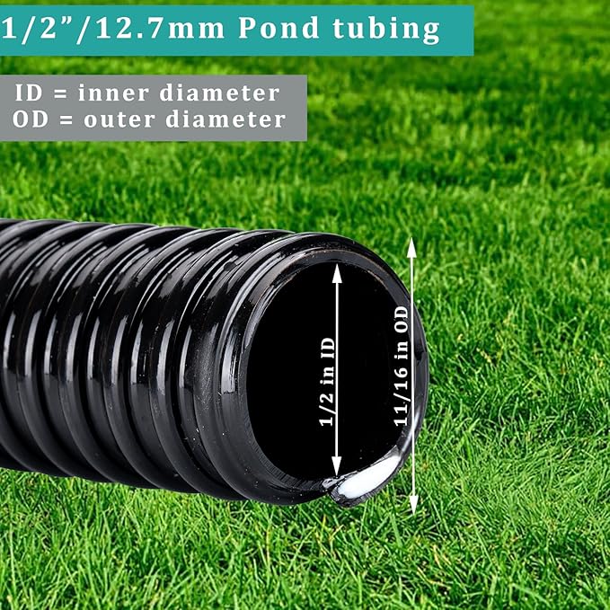 Pond Tubing ID 1/2” × 20ft Black Corrugated Flexible Reinforced Waterfall Pond Tube Sump Pump Hose, Non-toxic & Kinkproof (20 ft, 1/2" ID)