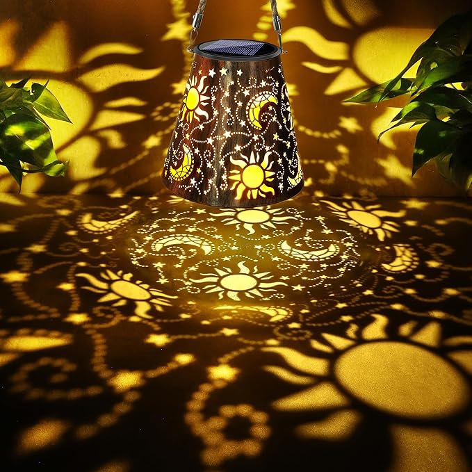 Toodour Solar Lantern Outdoor, Upgrade Hanging Solar Lights Garden Decor, Waterproof Hollow Out Retro Metal Sun & Moon Decorative Lights for Patio, Balcony, Yard, Walkway