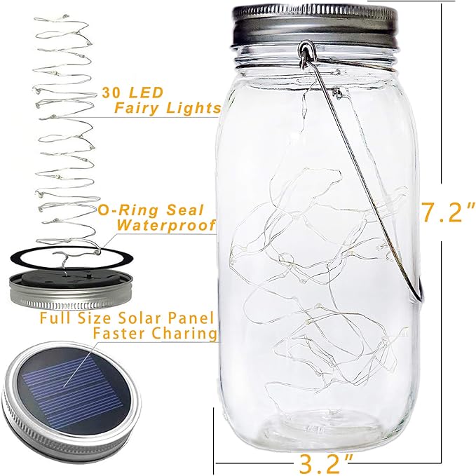 Solar Mason Jar Lights 30 Led,6 Pack Large-Size Solar Hanging Glass Jar Starry Fairy Lights,Solar Lanterns for Outdoor Patio Party Garden Decor Lights (Jars and Handles Included)