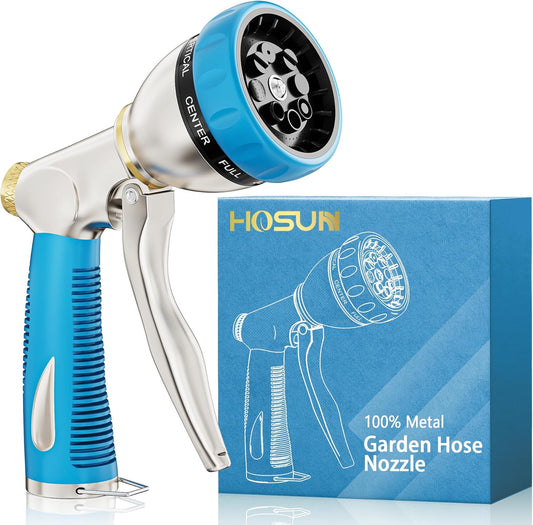 HOSUN Garden Hose Nozzle Sprayer Heavy Duty, 100% Metal Water Hose Nozzle with 8 Spray Patterns, High Pressure Hose Spray Nozzle with Non-Slip Grip for Watering Plant & Lawn, Washing Car & Pet, Blue