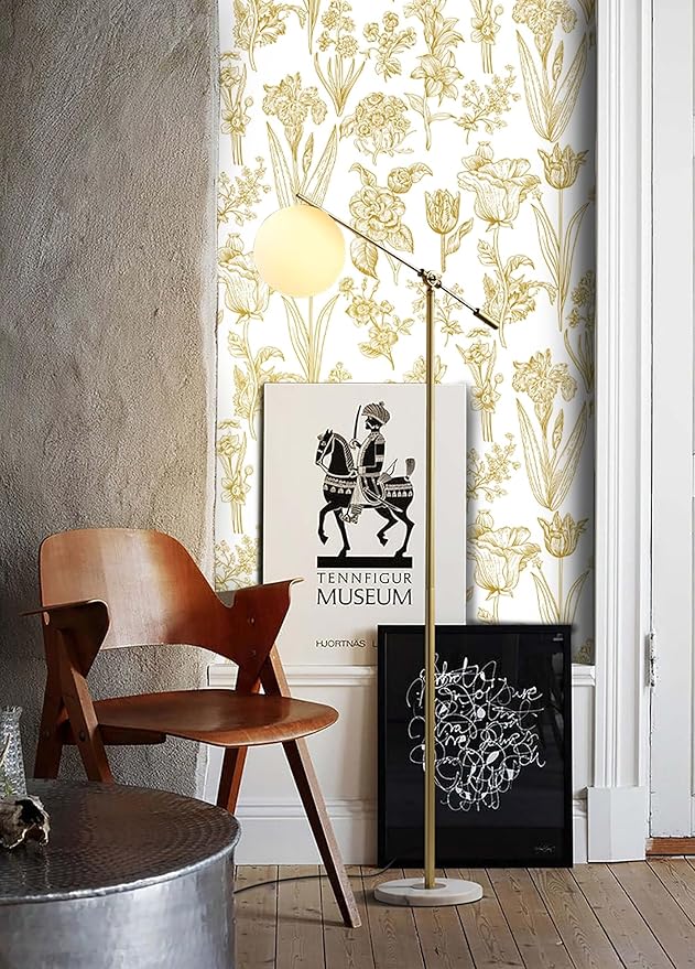 Dimoon 393"x17.3" Floral Wallpaper Peel and Stick Flowers Golden White Contact Paper Thicken Waterproof Modern Self Adhesive Plants Wallpaper Removable Wall Paper Shelf Vinyl Roll