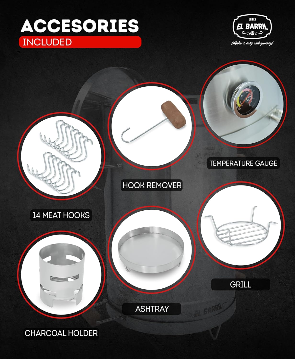 El Barril Lite Large Barrel Smoker Grill, Stainless Steel 430, 45 lb Capacity, 14 Meat Hooks, Upper Grill and Handler, Outdoor Vertical Charcoal BBQ (Lite 45LBS Large)