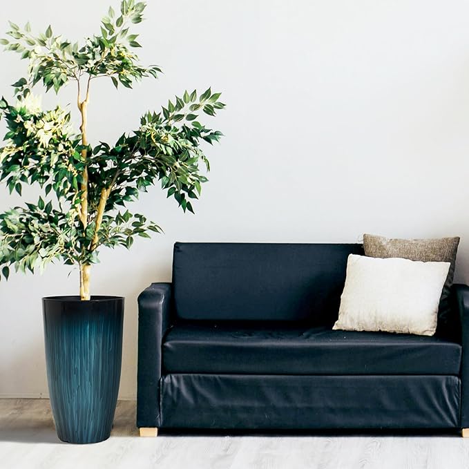 Worth Garden 20" H. Large Plastic Planters - Set of 2 Gradient Blue Glossy Smooth Finish - Tall Plant Pots for Indoor & Outdoor Use - Decorative Lightweight Flower Pots for Front Porch, Patio, Deck