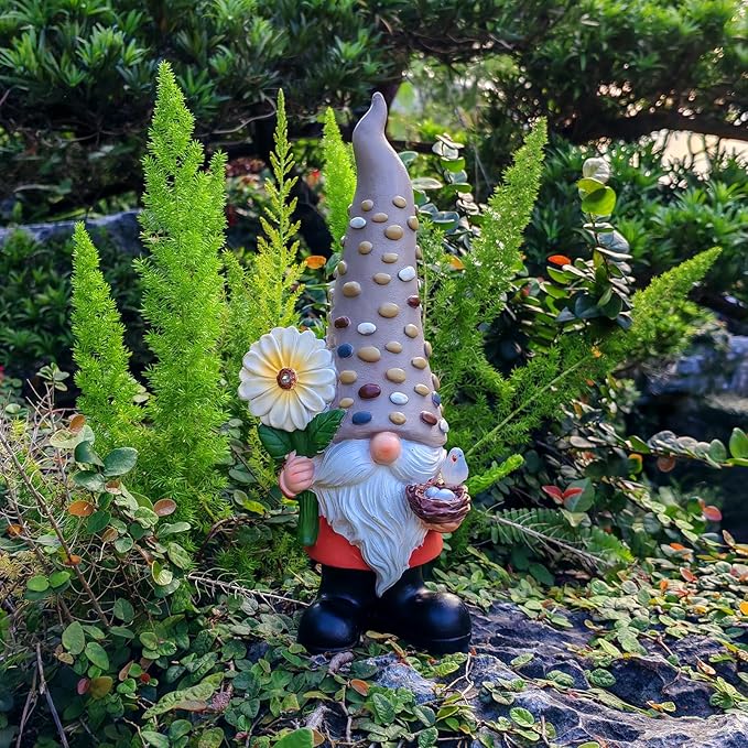 12 Inch Solar Garden Gnome Statue Clearance with Sunflower and Bird's Nest Light – Outdoor High Hat Gnome Sculpture Outdoor Statue for Patio and Garden Decor – Figurine Gift for Gnome Lovers
