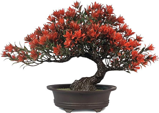Fake Plants Plastic Artificial Bonsai Tree, Red Bonsai Tree for Home Bedroom Office Desk Farmhouse Room Decor, Tall 9.5"