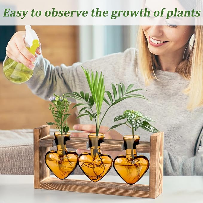 Lifecapido Heart Shaped Propagation Stations, Plant Terrarium with Wooden Stand, Plant Propagation Station for Hydroponics Plants Office Garden Home Decor, Gifts for Women Plant Lover (3 Vases, Amber)