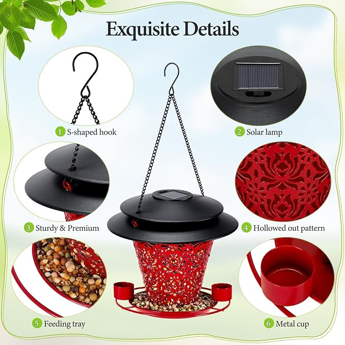 Solar Bird Feeders for Outside Hanging Metal Wild Bird Feeder Solar Lanterns Outdoor Waterproof Garden Decor for Yard red