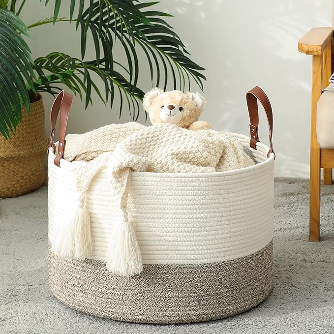 KAKAMAY Large Blanket Basket (20"x13"),Woven Baskets for storage Baby Laundry Hamper,Cotton Rope Blanket Basket for Living Room, Laundry, Nursery, Pillows, Baby Toy chest (White/Beige)