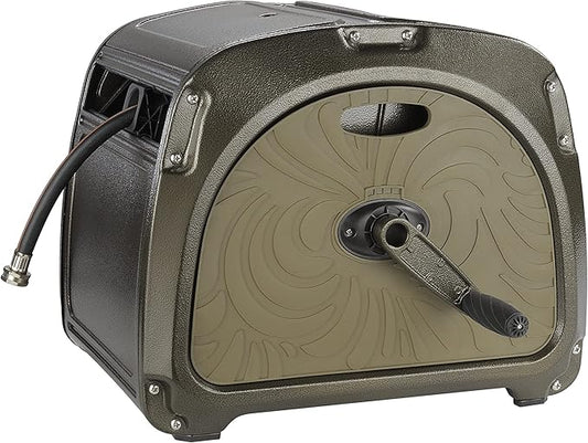 Giraffe Tools SW5-100ft Metal Hose Reel Box, 100 ft Rubber Hose Garden Hose Storage Heavy Duty Reel Hideaway, Crank Handle, 100ft 5/8" Hose, Green