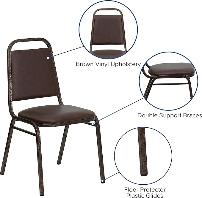 EMMA + OLIVER Trapezoidal Back Vinyl Stackable Banquet Chair, Multipurpose Stacking Chair with Padded Seat and Back, Brown/Copper