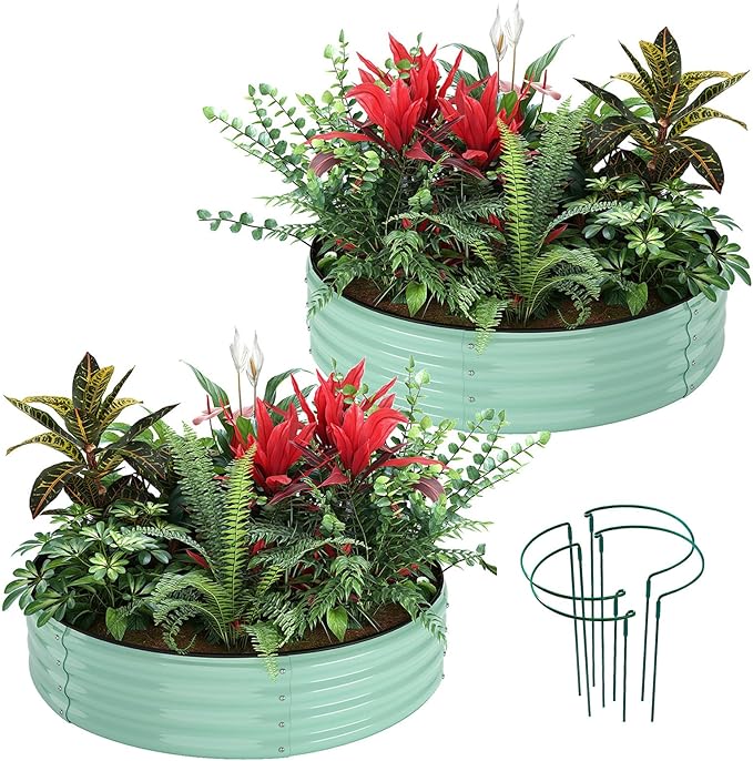 Galvanized Metal Planter Round Raised Garden Bed Kit for Gardening Outdoor，2x2x1ft 2PC Grow Garden Box Raised Flower Bed，Round Galvanized Planter Outdoor Metal Fire Pit Ring Green