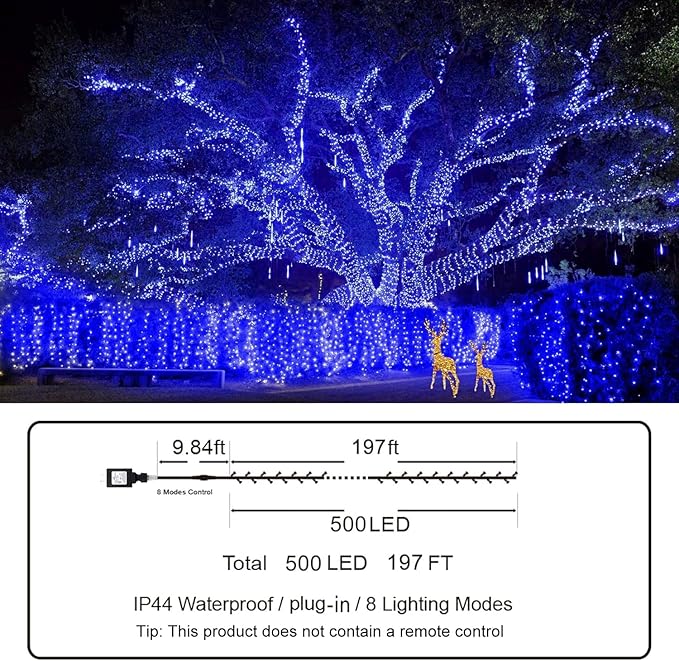 KNONEW Outdoor Christmas Lights 500 LED 197ft String Lights 8 Modes & Memory Fairy Light Plug in Waterproof LED String Lights for Xmas Yard Tree Wedding Party (Blue and White)