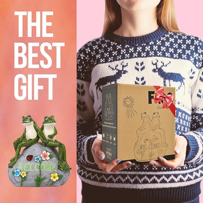 Nacome Solar Garden Outdoor Statues Frog with Succulent and 7 LED Lights - Lawn Decor for Patio, Balcony, Yard Ornament - Unique Housewarming Gifts