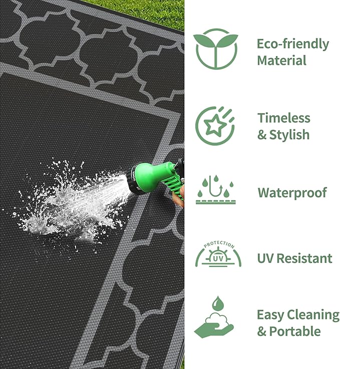 GENIMO 5' x 8' Outdoor Rug Waterproof for Patio Decor, Foldable Reversible Plastic Straw Area Rugs Mat for Camper, Outside Carpet for Rv, Deck, Porch, Picnic, Beach, Balcony, Black & Grey