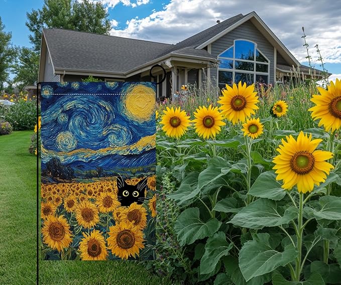 BLKWHT Summer Sunflower Cat Garden Flag 12x18 Vertical Double Sided Blue Sky Welcome Farmhouse Holiday Outside Decorations Burlap Yard Flag BW822