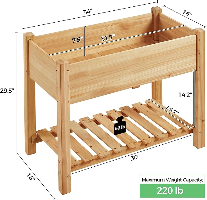Yaheetech 34x18x30in Horticulture Raised Garden Bed Planter Box with Legs & Storage Shelf Wooden Elevated Vegetable Growing Bed for Flowers, Plants, Backyard, Patio, Balcony, Light Brown