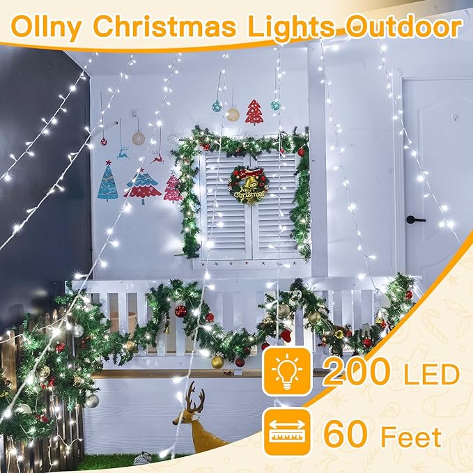 Ollny Outdoor String Lights 200LED 60FT, Cool White Connectable Plug in Fairy Light, 8 Modes Waterproof Timer Christmas Lights for Indoor Outside Bedroom House Party Wedding