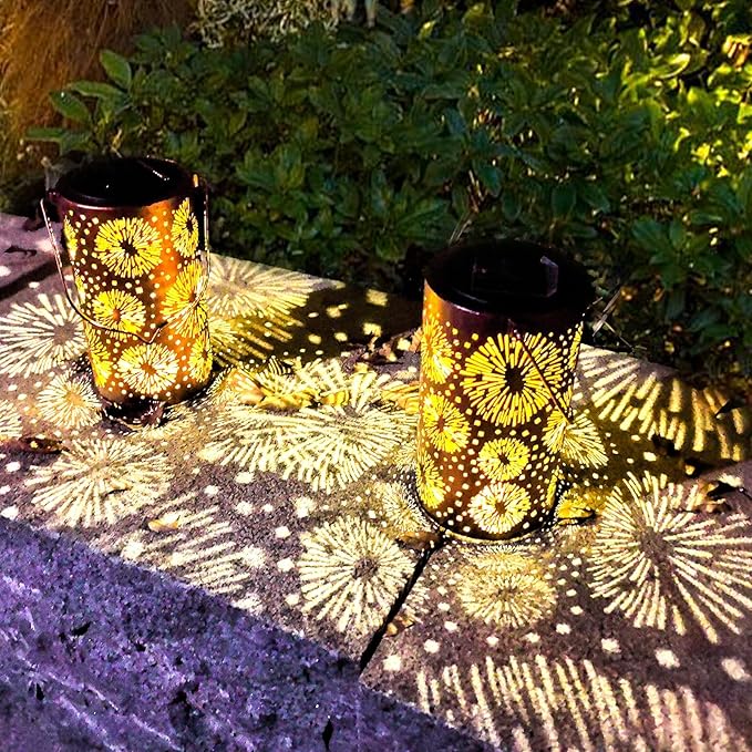 DIBIEECN 2 Pack Fireworks Solar Gardening Gifts Lanterns, Garden Decor for Outside, Pattern Solar Decorative Lights Waterproof, Outdoor Gifts for Women Mom Grandma, Yard Gifts for Patio, Pathway