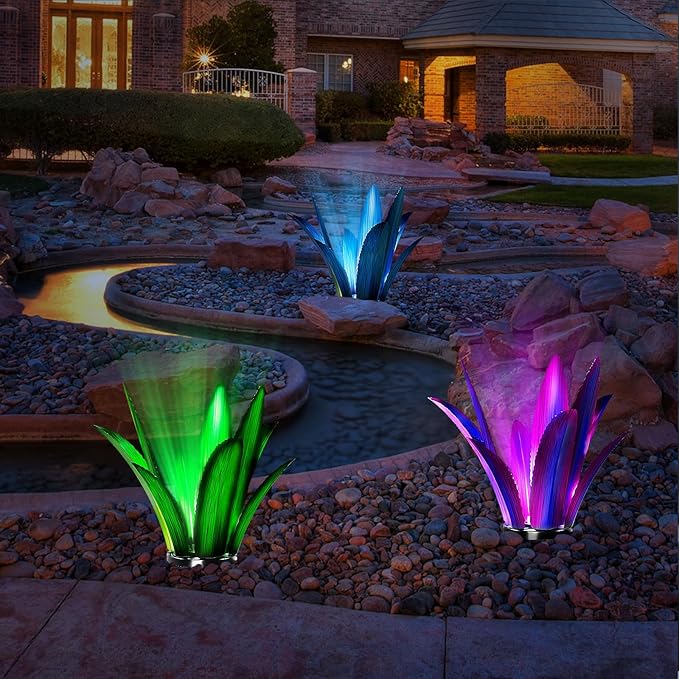 Upgraded Large Metal Yard Art, Metal Agave Plant Yard Decorations Outdoor Sculpture, Metal Flowers for Outside, Waterproof Outdoor Garden Decor (Blue (W/Solar Light))