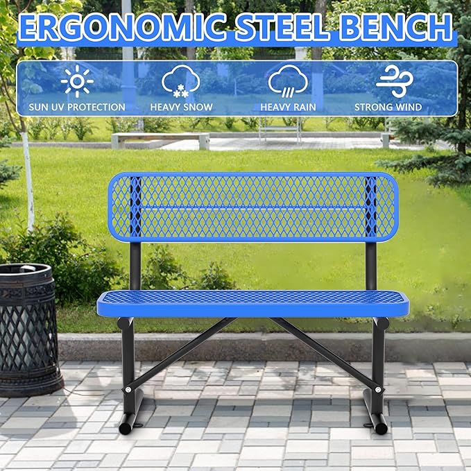 Heavy Duty Park Bench with Back Portable Frame, Outdoor Steel Bench with Backrest, Outdoor Park Bench Expanded Metal Mesh Bench for Lawn, Park, Deck, Garden, Patio, Porch, Black (Blue, 4FT)