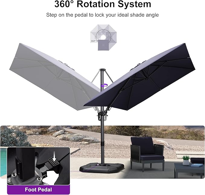 PURPLE LEAF 8.2' X 11.5' Tilting Patio Umbrella with Base Outdoor Cantilever Swivel Rectangle Umbrella Aluminum Offset Umbrella with 360-degree Rotation for Garden Deck Pool Patio Navy