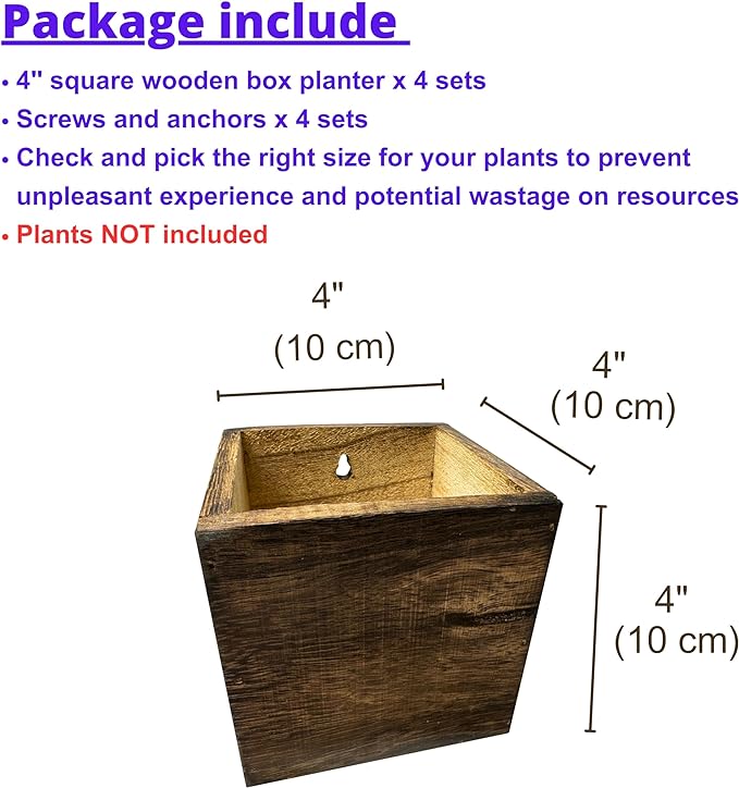 LaLaGreen Wood Planter Boxes (4 Pack, 4x4 Inch) Small Square Wooden Wall Mounted Flower Pot for Indoor Plants, Window Box Mount Hanging Herb Planters Outdoor Plant Holder Vertical Garden Home Decor
